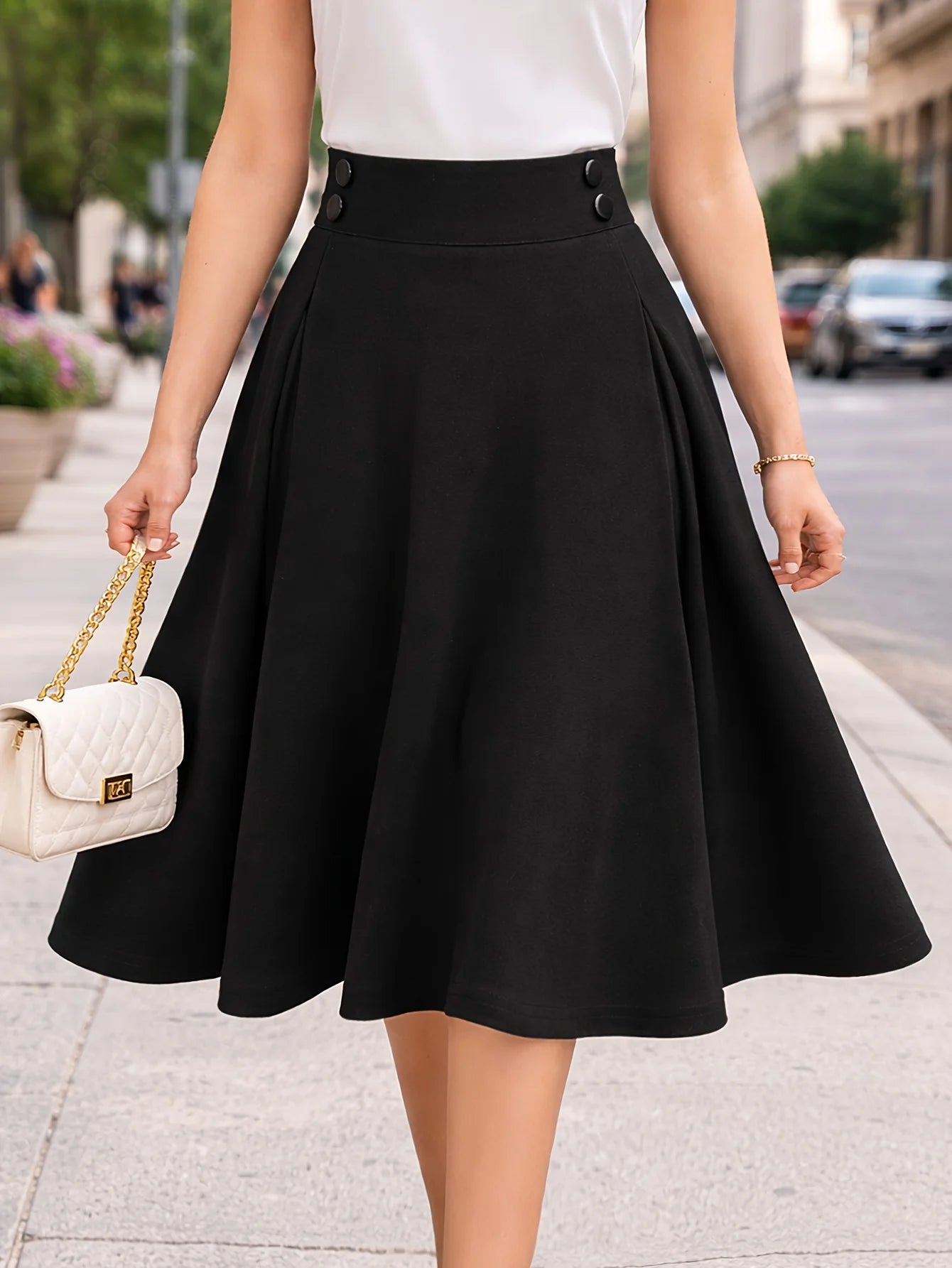 Women Wear to Work Swing Skirts for Women Elastic High Waist Button Front Knee Length Fit And Flare Pleated Skirt