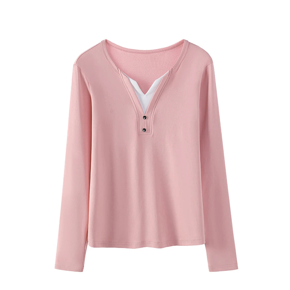 Korean style pink long sleeved t-shirt for women's autumn new cotton fashion plus size button slim fit fake two-piece V-neck top