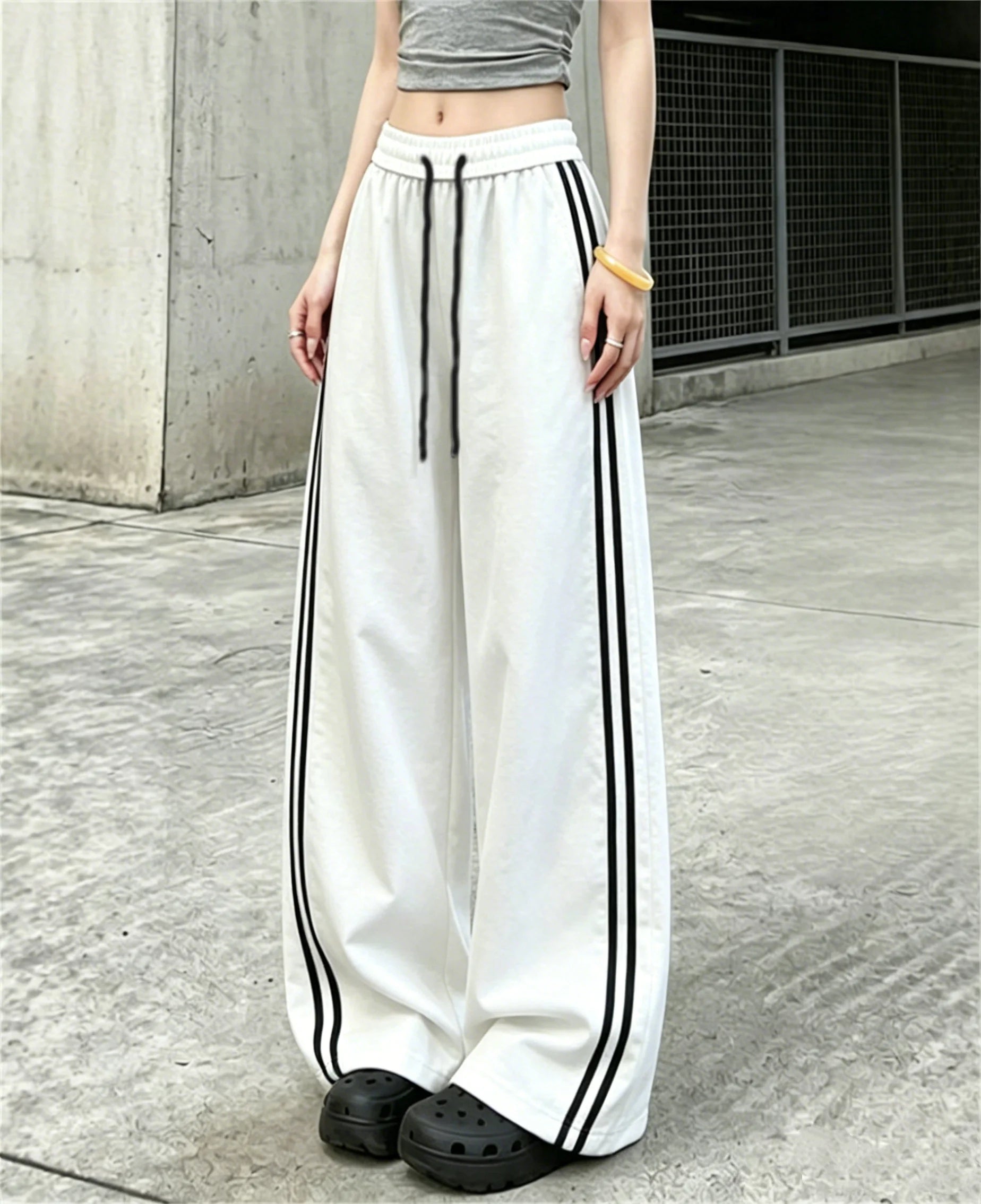 Women Fashion Stripe Drawstring Pants High Waist Color Blocking Wide Leg Trouser Female Baggy Joggers Street Pant Casual Hip Hop