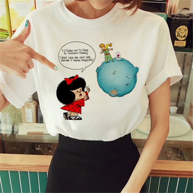 Cartoon T-shirt Anime Printed Pattern Women's T-shirt Rose Pattern Women's T-shirt Round Neck Short Sleeve