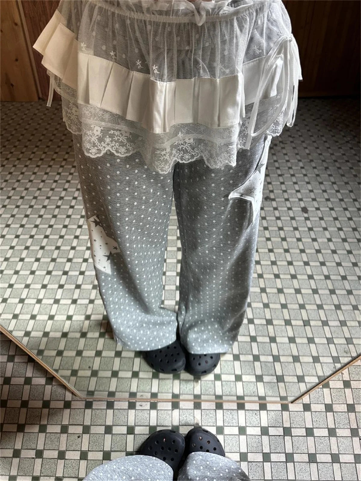 American Stars Print Sweatpants Women Loose Preppy Style Vintage Gray Pant Spring Summer High Waist Retro Bf Lace Up Trousers