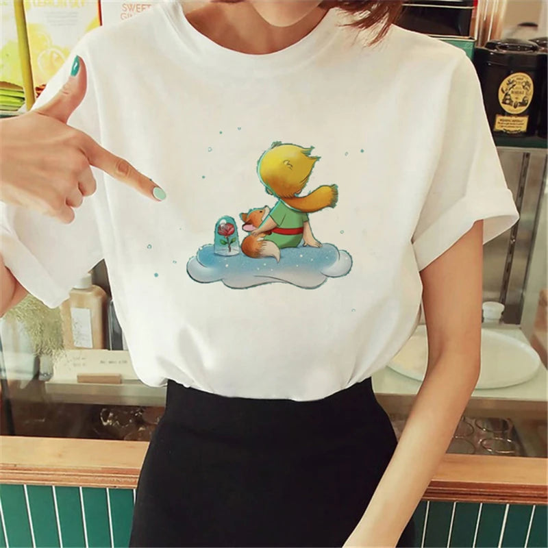 Cartoon T-shirt Anime Printed Pattern Women's T-shirt Rose Pattern Women's T-shirt Round Neck Short Sleeve