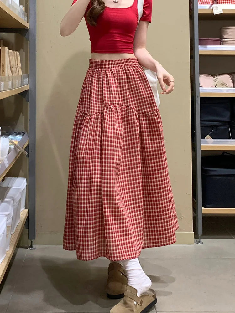 Women Sweet Plaid Long Skirt Summer Loose High Waist Vintage A Line Skirts Casual Retro Korean Preppy Style Cute Long Skirts New