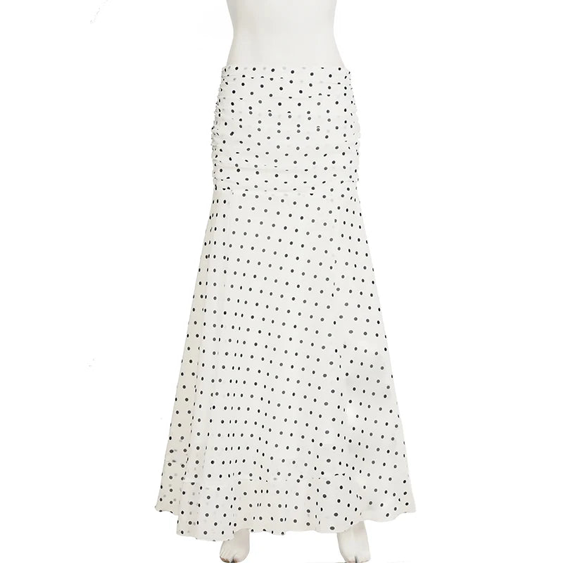 hirigin Polka Dot Floor-length Chiffon Skirt French Style Ruffled Mesh A-line Skirts Elegant Maxi Bottoms High Waist Streetwear