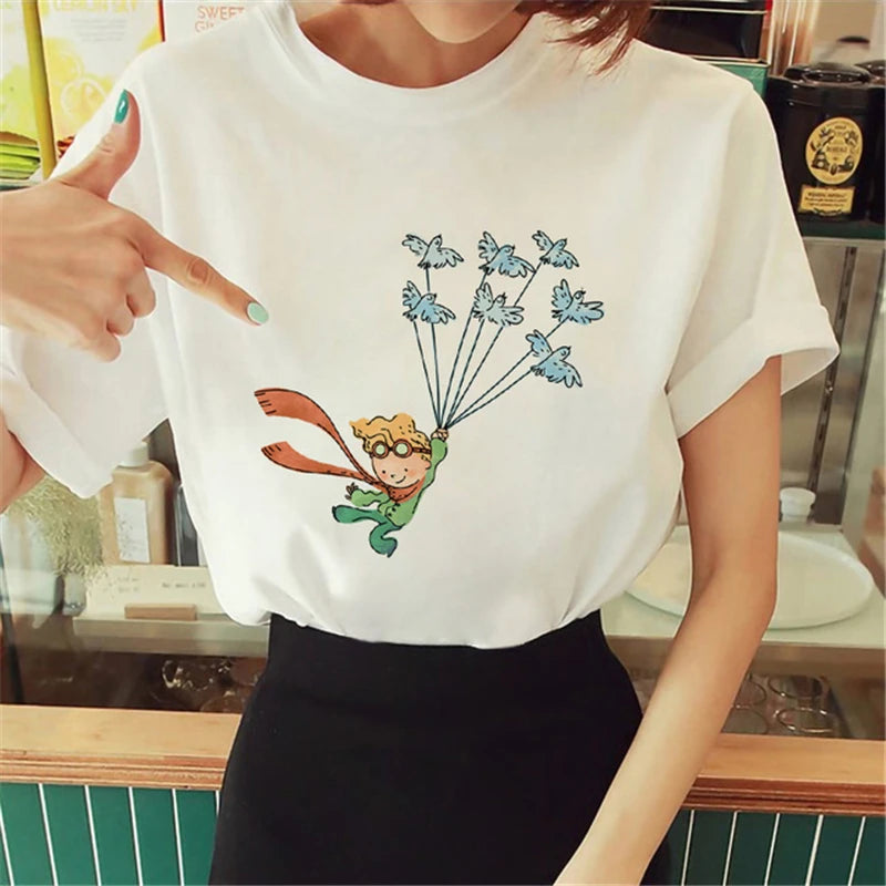 Cartoon T-shirt Anime Printed Pattern Women's T-shirt Rose Pattern Women's T-shirt Round Neck Short Sleeve