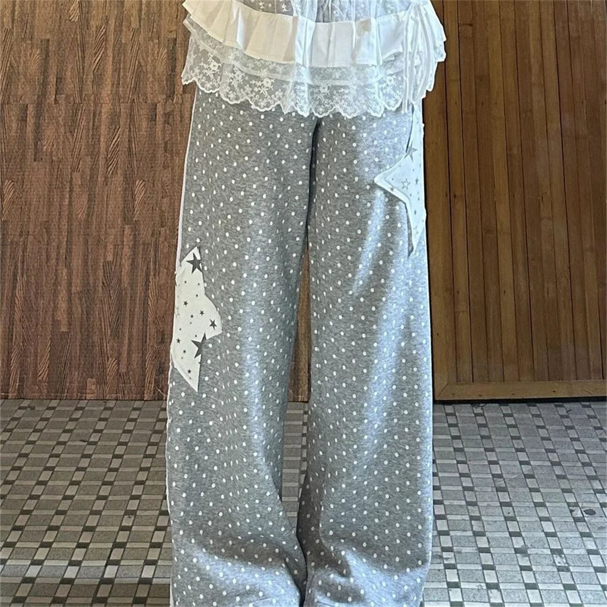 American Stars Print Sweatpants Women Loose Preppy Style Vintage Gray Pant Spring Summer High Waist Retro Bf Lace Up Trousers