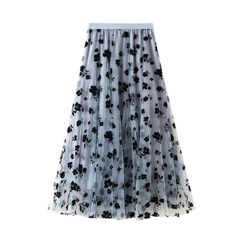 Elegant Floral Women Tulle Skirts High Waist Korean Flocking Pl...
