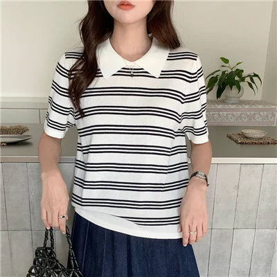 Summer women's100% cotton casual striped knitted T-shirt short sleeved loose POLO collar pullover Korean version fashionable top