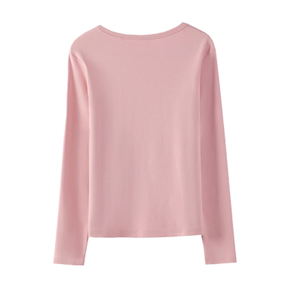Korean style pink long sleeved t-shirt for women's autumn new cotton fashion plus size button slim fit fake two-piece V-neck top