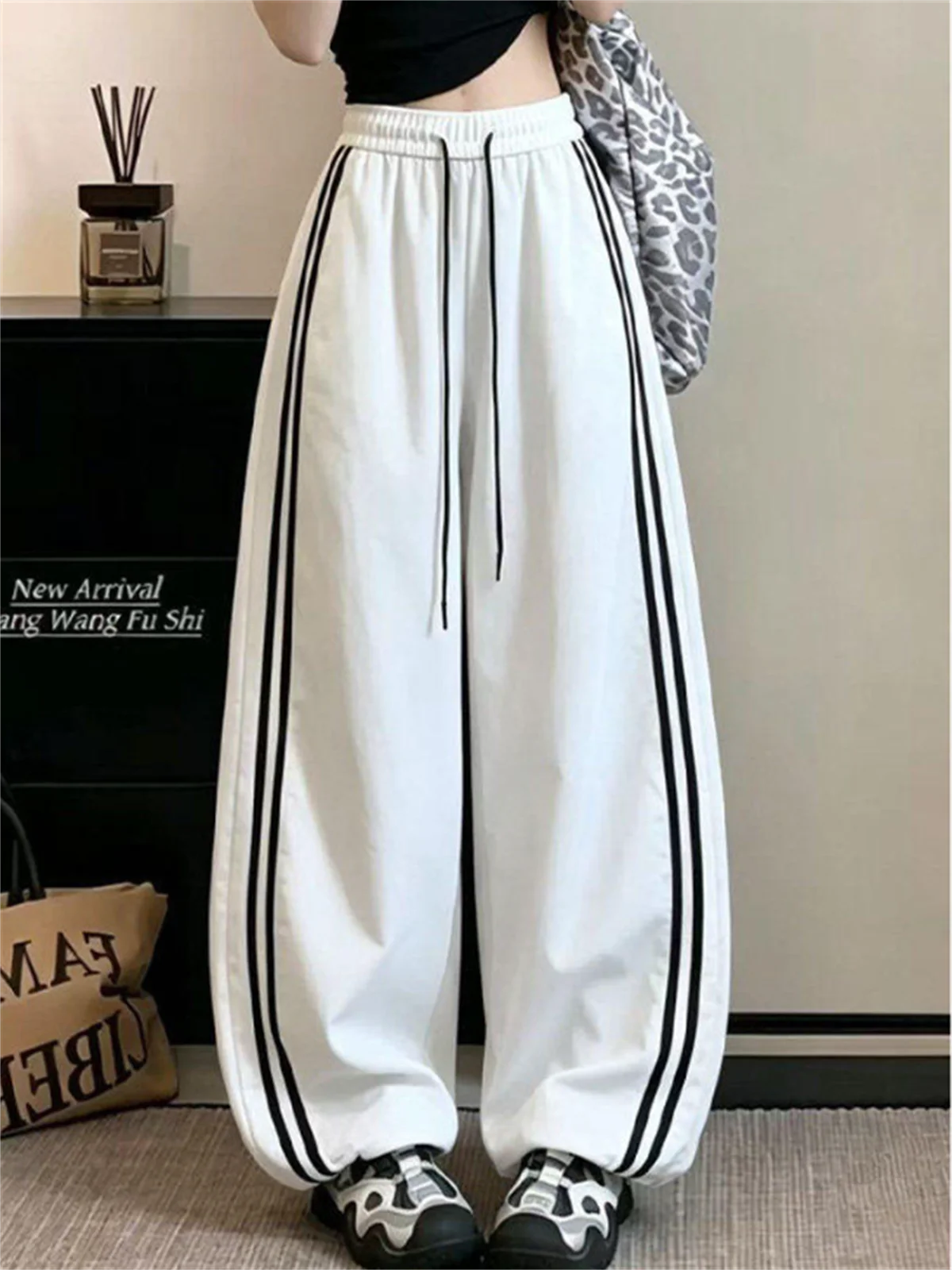 Women Fashion Stripe Drawstring Pants High Waist Color Blocking Wide Leg Trouser Female Baggy Joggers Street Pant Casual Hip Hop