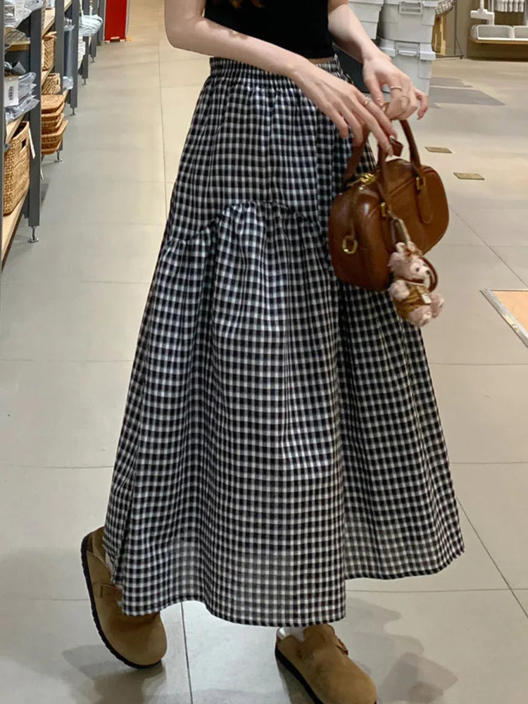 Women Sweet Plaid Long Skirt Summer Loose High Waist Vintage A Line Skirts Casual Retro Korean Preppy Style Cute Long Skirts New