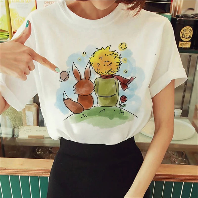Cartoon T-shirt Anime Printed Pattern Women's T-shirt Rose Pattern Women's T-shirt Round Neck Short Sleeve