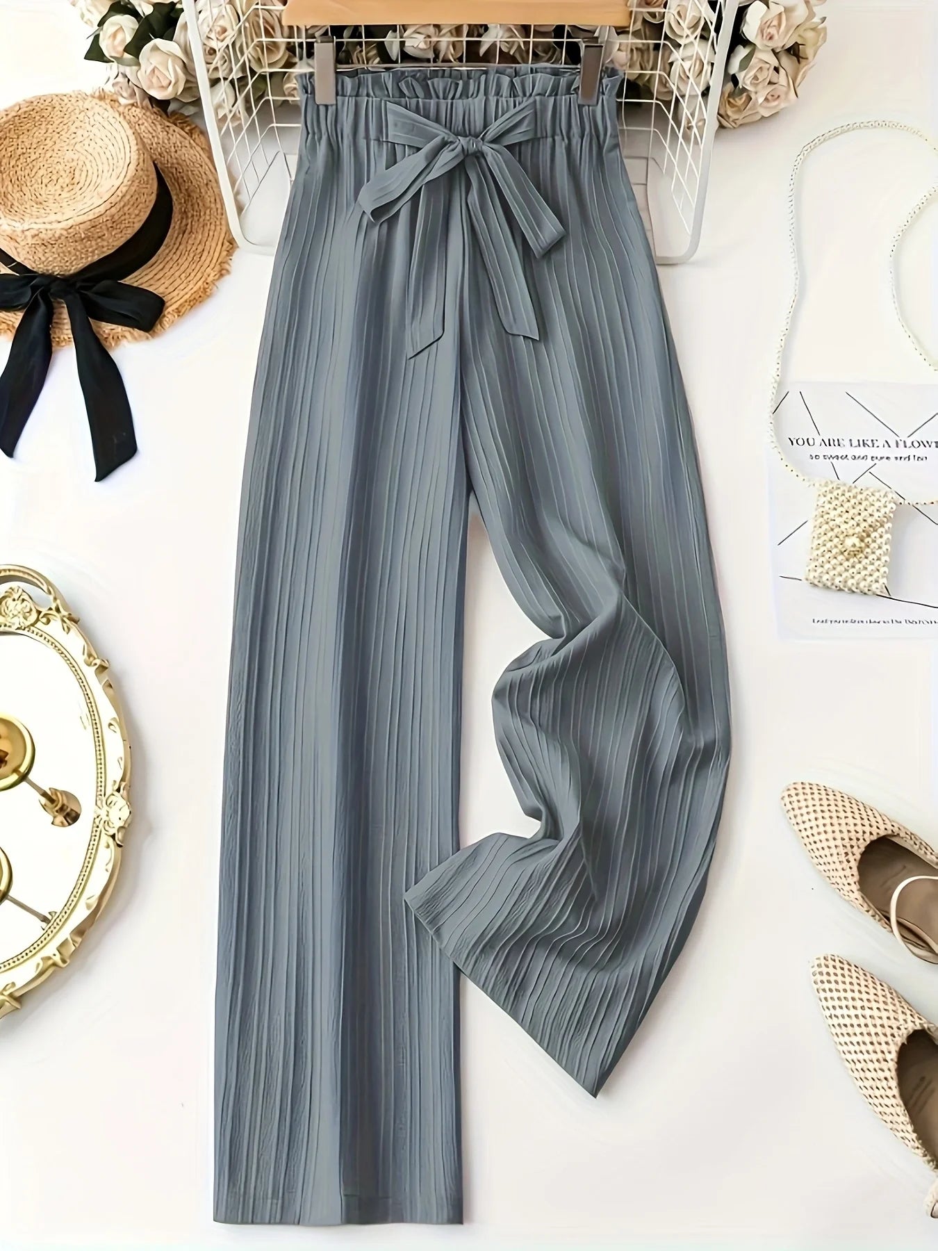 Dusty Blue Pleated Tie-Waist Wide Leg Pants, High Waist Ruffle Trim, Drapy Casual Trousers