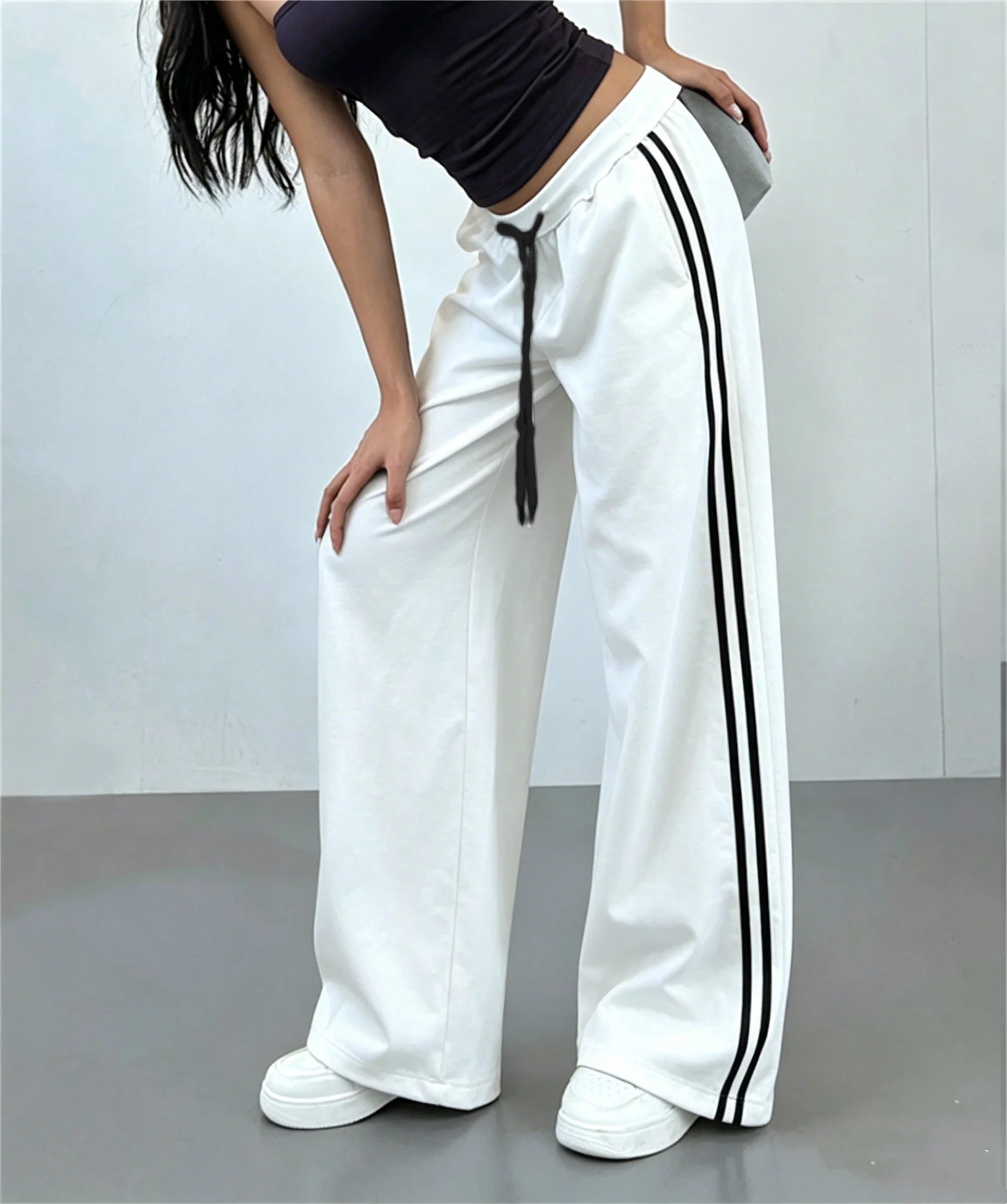 Women Fashion Stripe Drawstring Pants High Waist Color Blocking Wide Leg Trouser Female Baggy Joggers Street Pant Casual Hip Hop