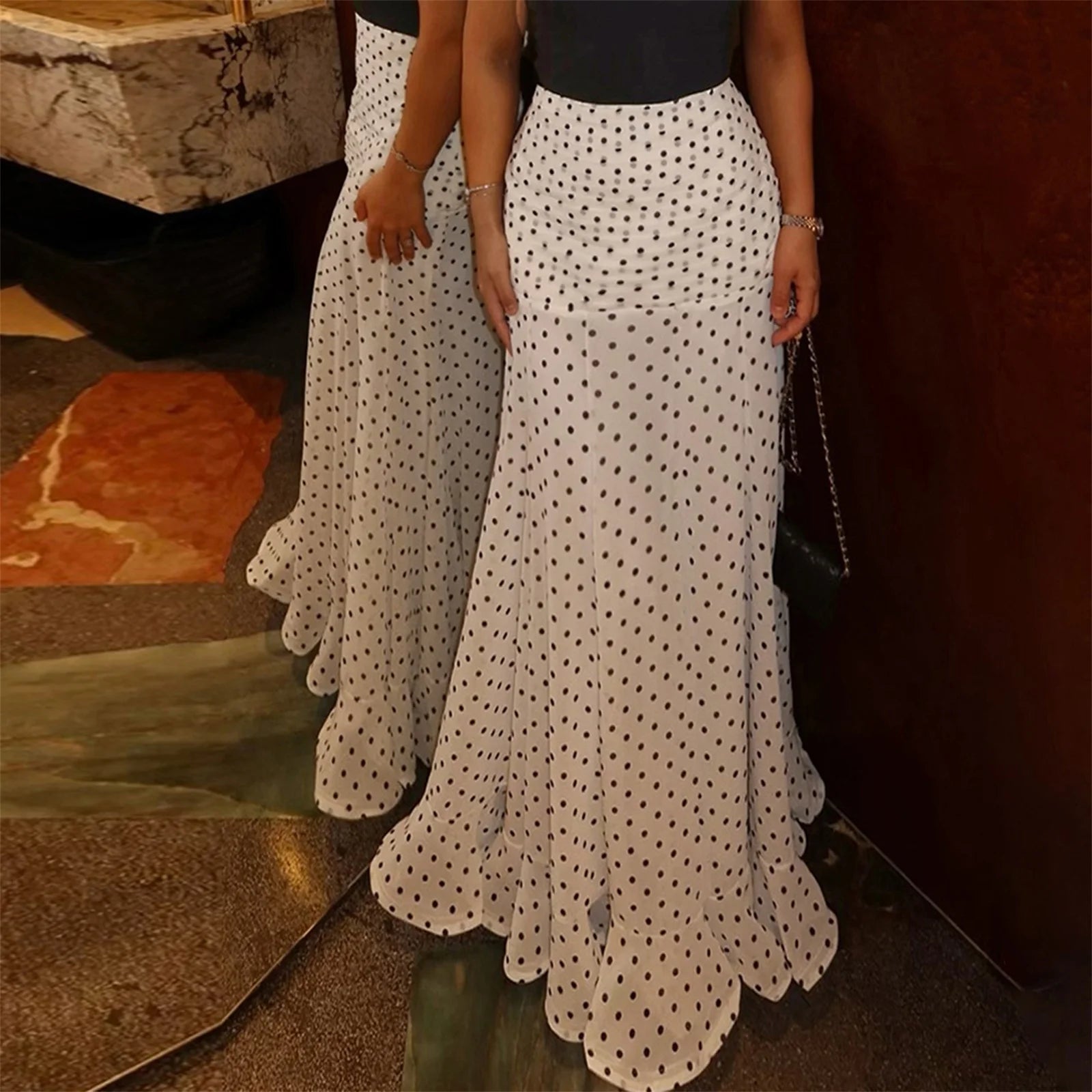 hirigin Polka Dot Floor-length Chiffon Skirt French Style Ruffled Mesh A-line Skirts Elegant Maxi Bottoms High Waist Streetwear