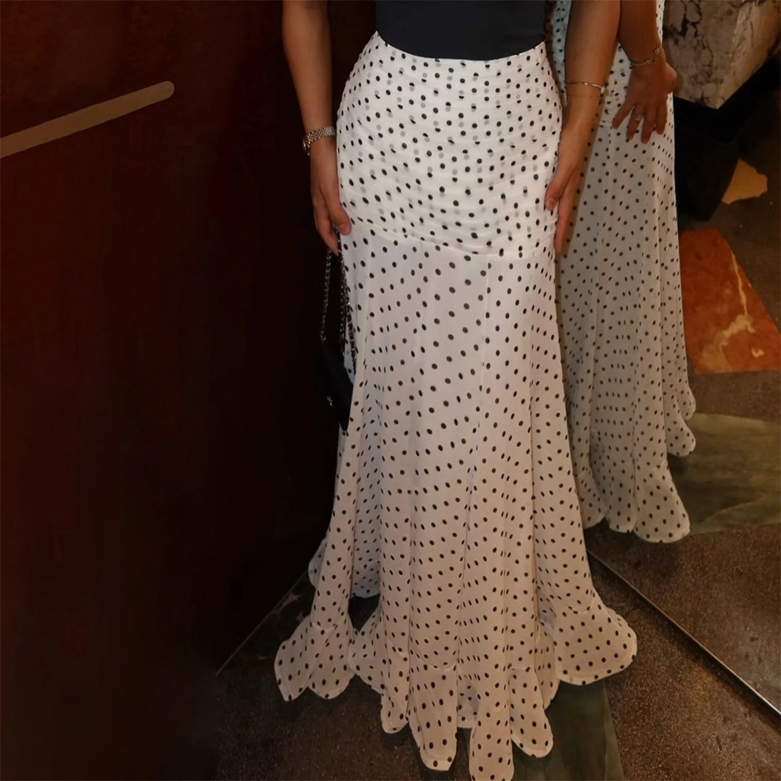 hirigin Polka Dot Floor-length Chiffon Skirt French Style Ruffled Mesh A-line Skirts Elegant Maxi Bottoms High Waist Streetwear