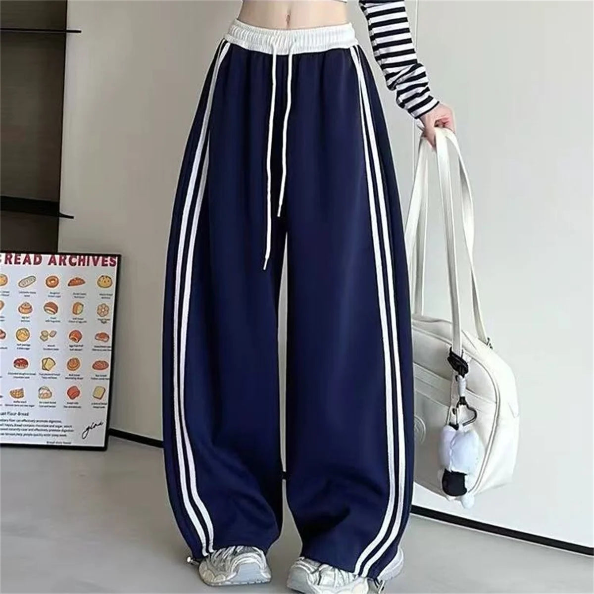 Women Fashion Stripe Drawstring Pants High Waist Color Blocking Wide Leg Trouser Female Baggy Joggers Street Pant Casual Hip Hop