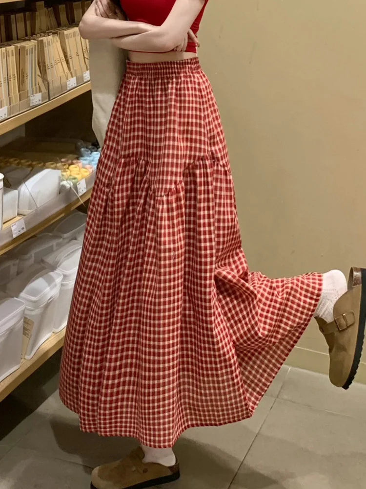 Women Sweet Plaid Long Skirt Summer Loose High Waist Vintage A Line Skirts Casual Retro Korean Preppy Style Cute Long Skirts New